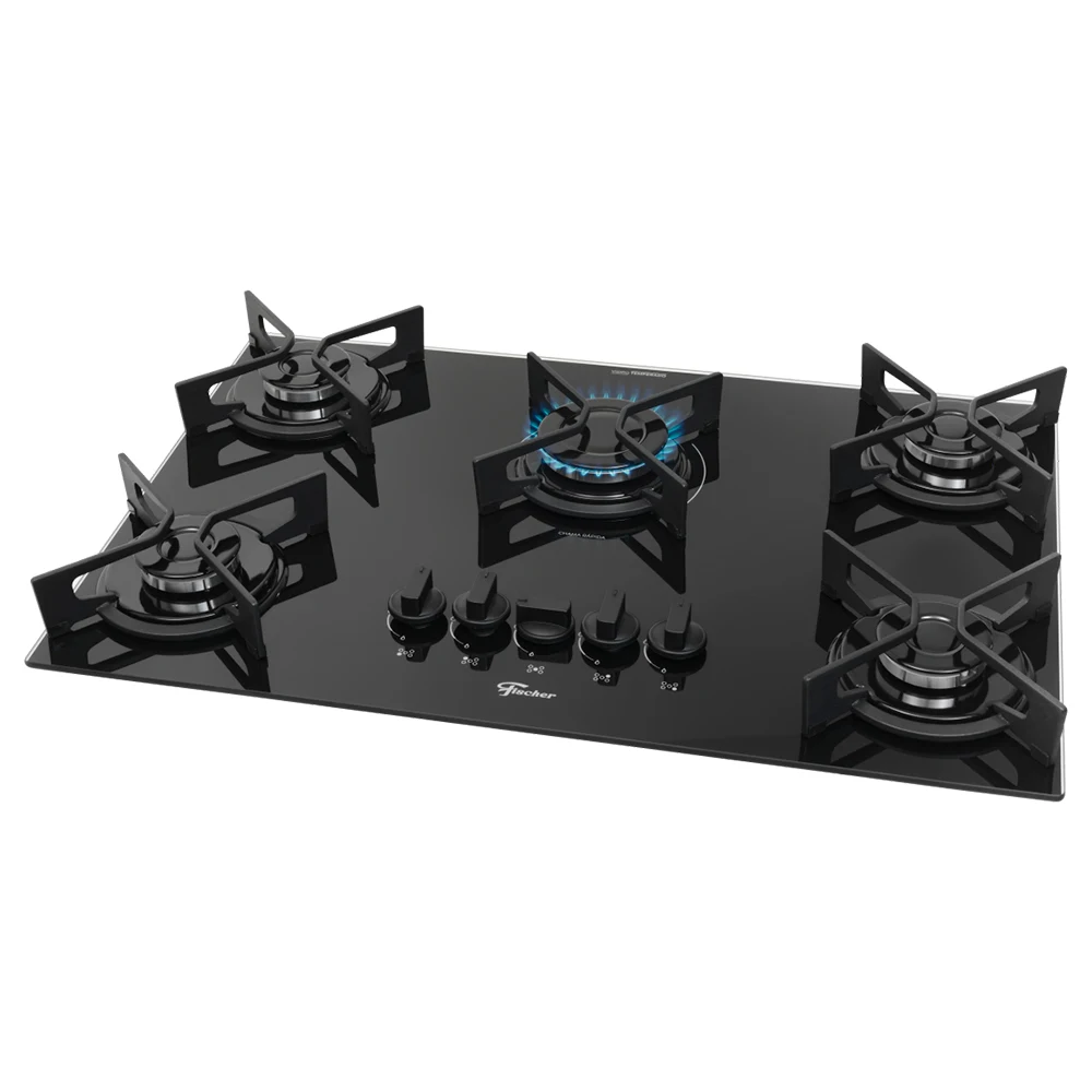 Cooktop a Gás Fischer Fit Line Iron 5 Bocas Superautomático Mesa de Vidro