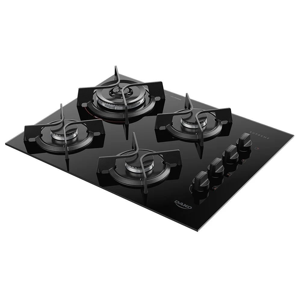 Cooktop a Gás Dako Supreme 4 Bocas Mesa em Vidro Trempes em Ferro Fundido