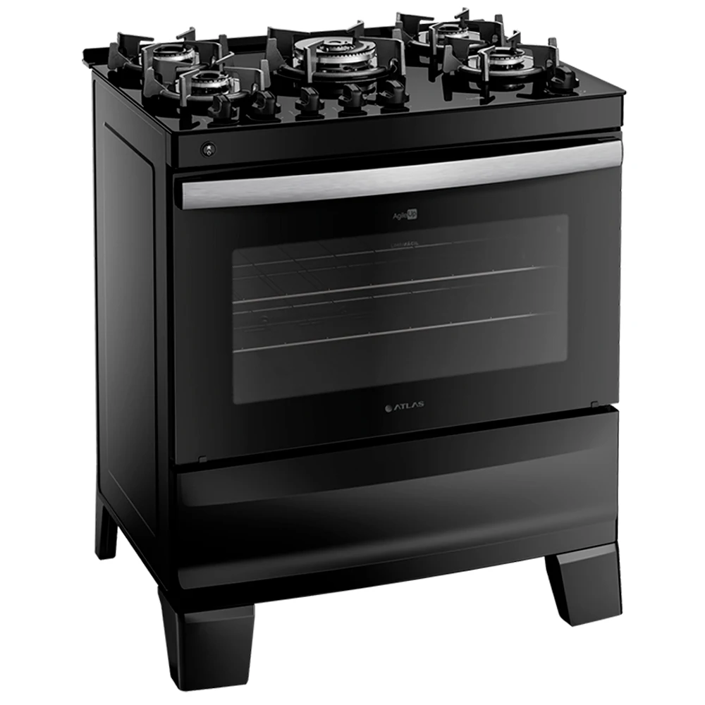 Fogão Atlas 5 Bocas Agile Glass Automático Mesa de Vidro Forno 86,5L