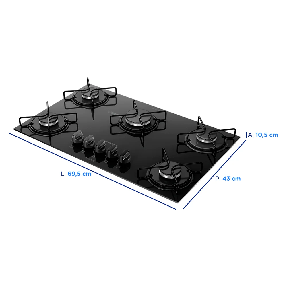 Cooktop a Gás Atlas Monaco Glass 5 Bocas Superautomático Mesa de Vidro