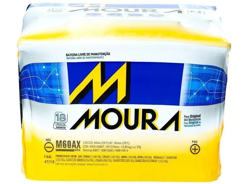 Bateria de Carro Moura Green Energy - 60Ah 12V Polo Positivo 60AX MGE