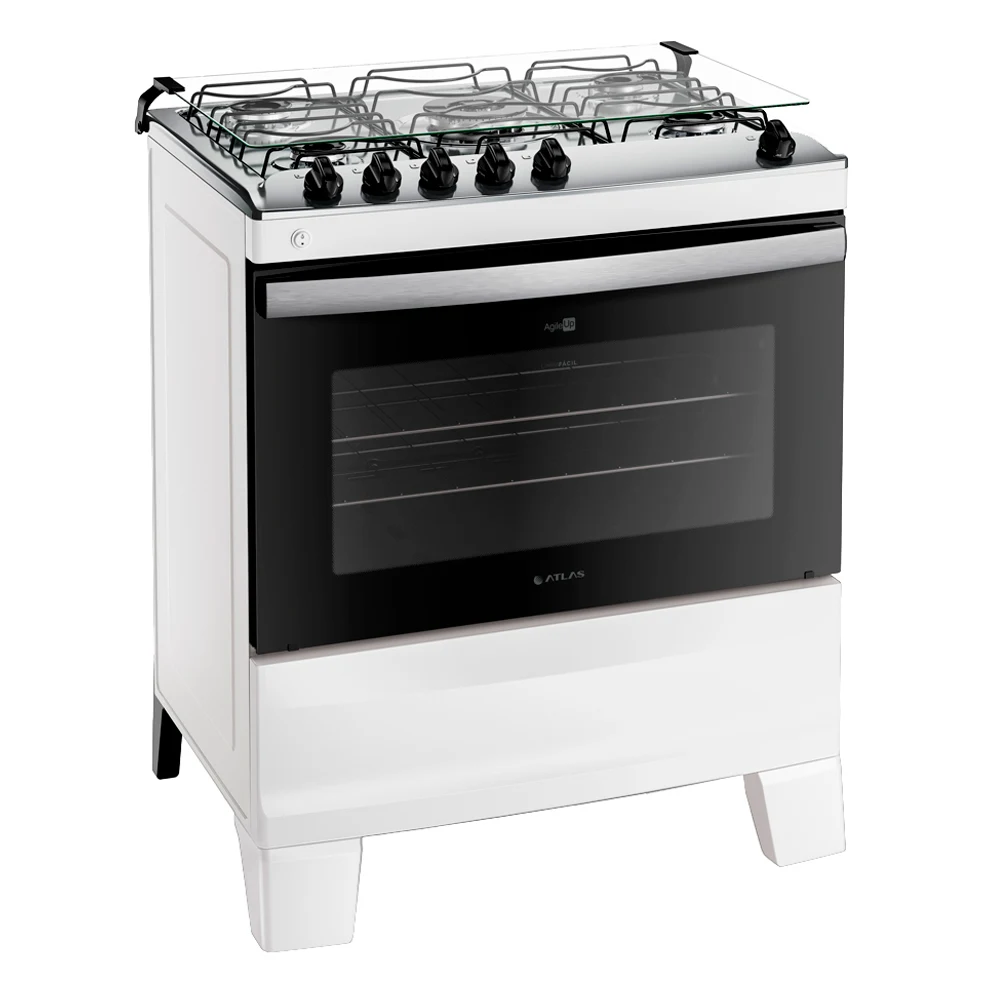 Fogão Atlas Agile Up 5 Bocas Automático Mesa de Inox Tripla Chama Forno 86,5L