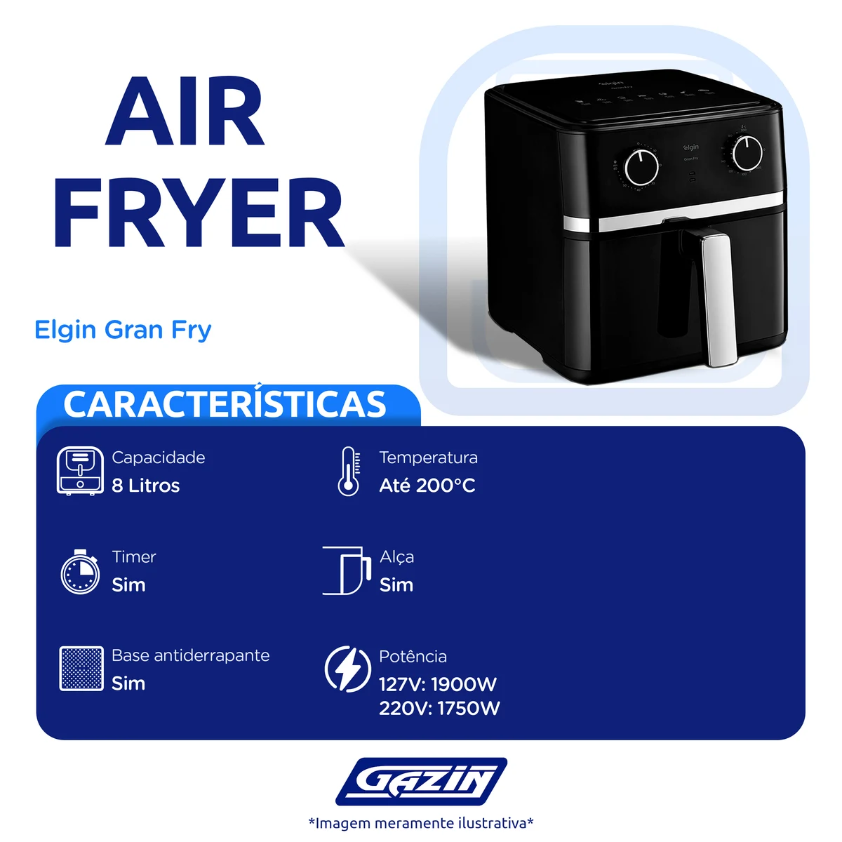 Fritadeira Elétrica Air Fryer Elgin Gran Fry 8L 1750W Grelha Removível
