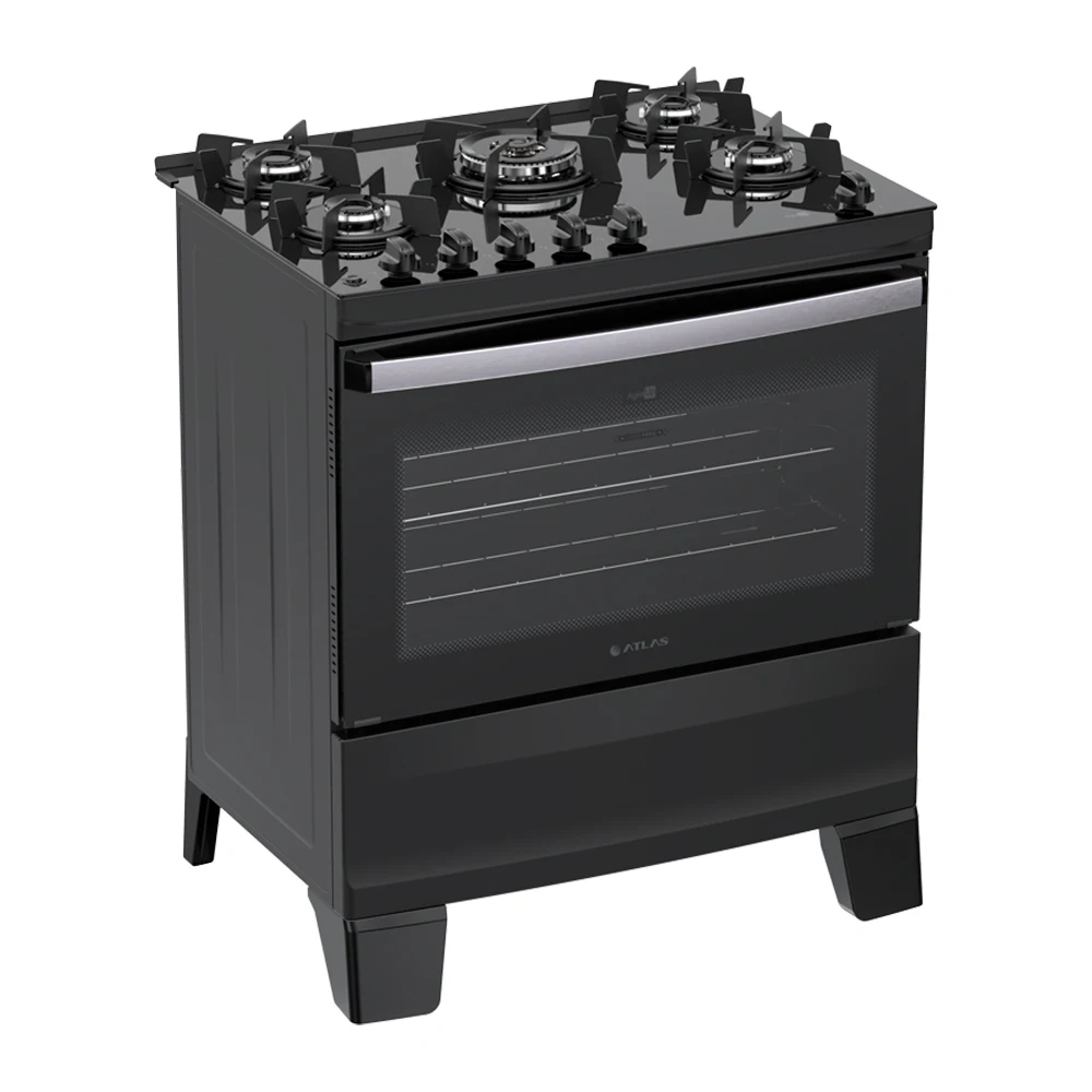 Fogão Atlas Agile Glass 5 bocas Automático Mesa de Vidro Tripla Chama
