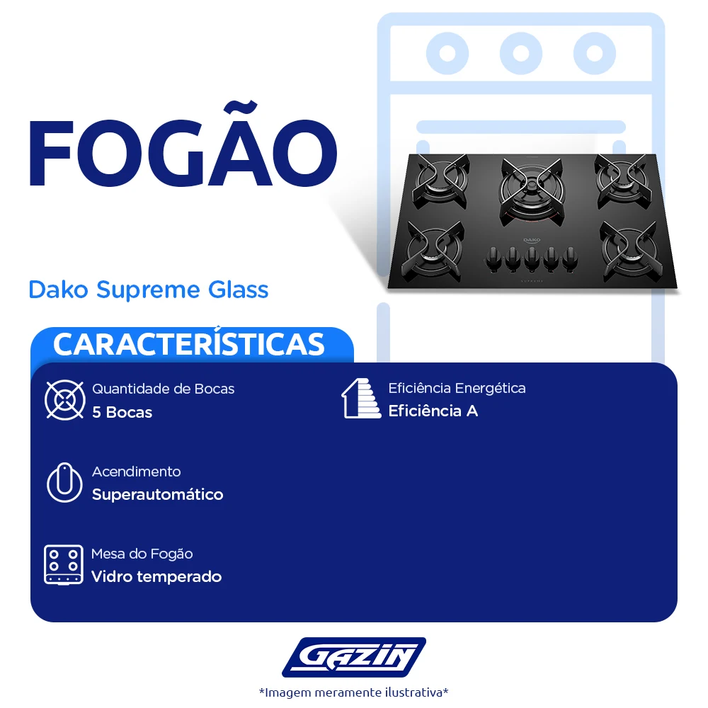 Cooktop Dako Supreme 5 Bocas Superautomático Mesa de Vidro Mega Chama