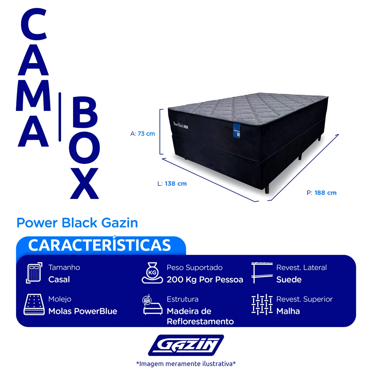 Colchão Cama Box Gazin Molas PowerBlue Casal Power Black 138x188