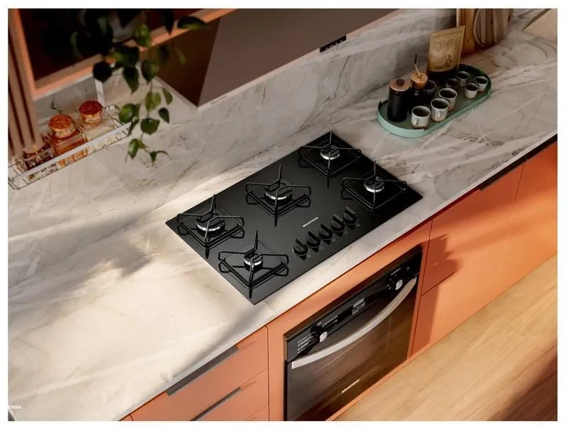 Cooktop 5 Bocas a Gás GLP Brastemp Mesa de Vidro Chama Simmer Preto Acendimento Automático BDD75BE