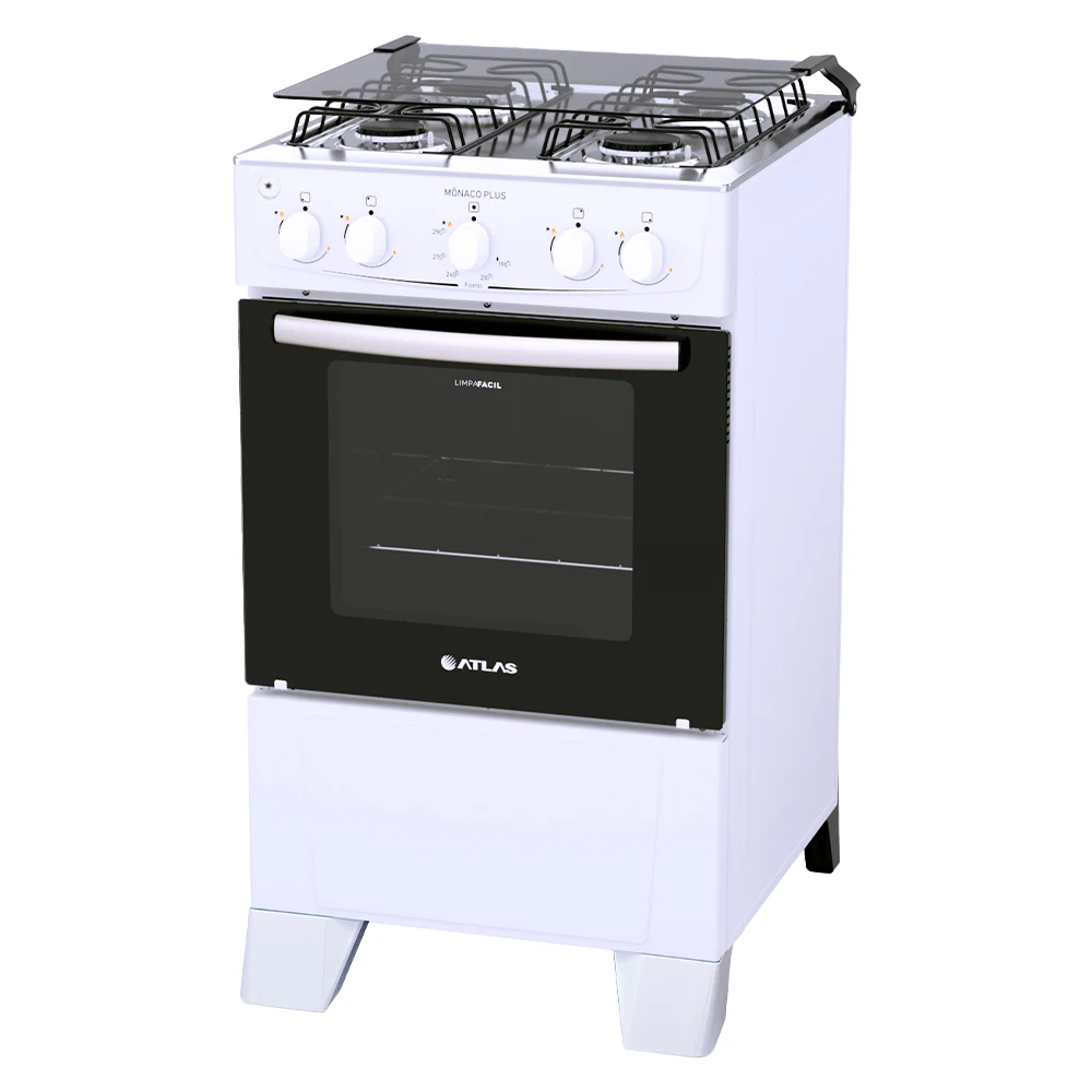 Fogão Atlas 4 Bocas Mônaco Plus Automático Mesa de Inox Forno 50L